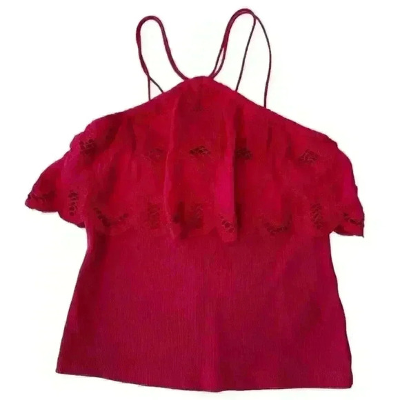 Anthropologie Ruffled Halter Medium Pink Embroidered Crochet Tank Blouse Size S - Picture 6 of 9